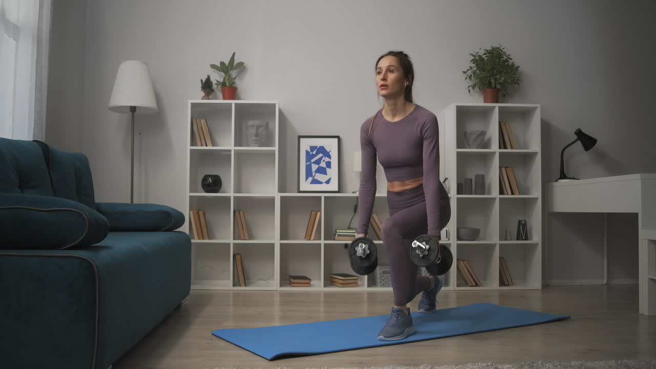 mujer atlética está entrenando en la sala de estar los fines de semana en cuclillas con pesas en las manos trabajando los músculos de las piernas y las nalgas concepto de bienestar y fitness