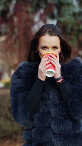 beautiful girl drinks coffee outdoors. portrait of a fashionable woman in fur coat with hot drink looking on camera. stylish model in the park. vertical video