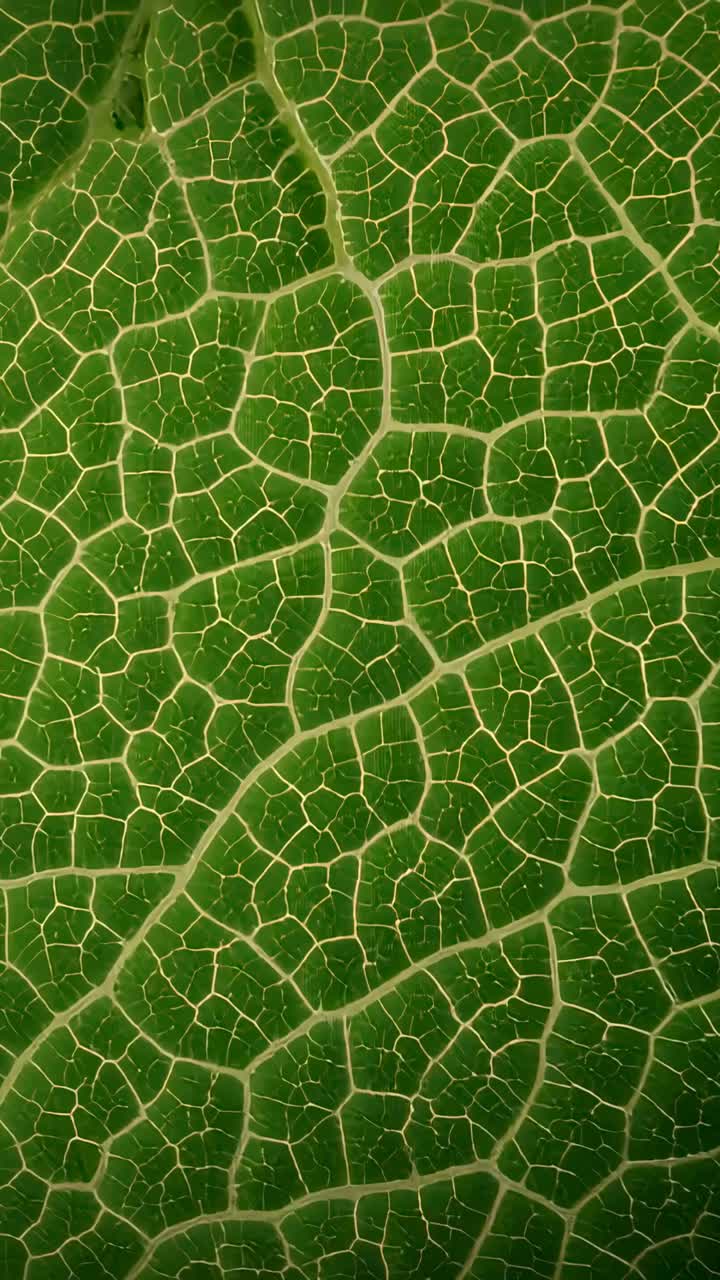 Vertical video: Panning camera slightly while pulling focus on green leaf, revealing vein junctions
