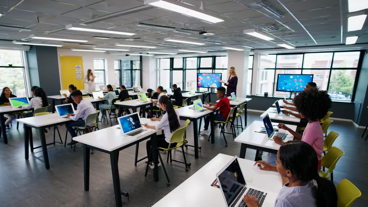 Wide-angle shot of a modern classroom with students using laptops video