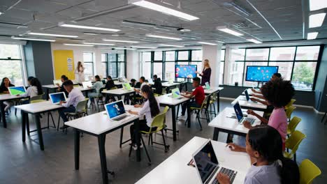 wide-angle shot of a modern classroom with students using laptops video