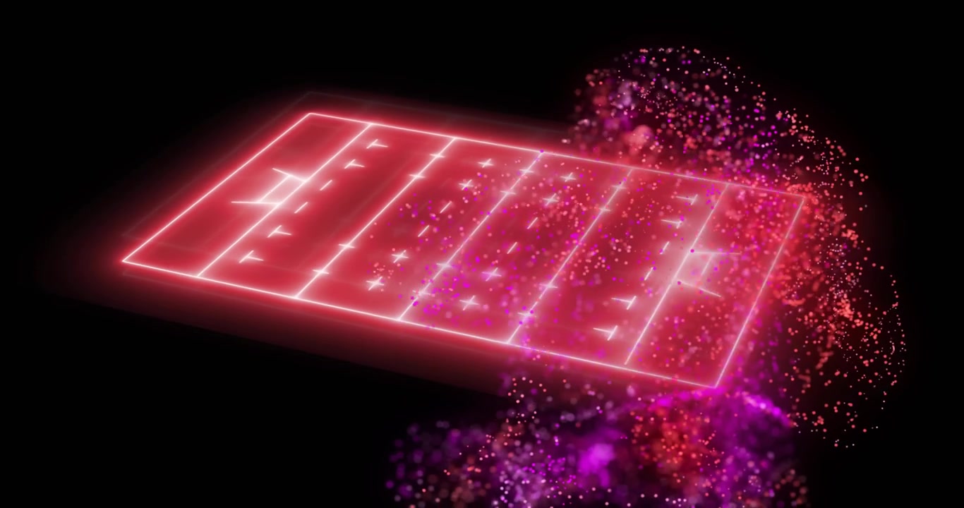 Linee rosse che si materializzano, formando una griglia luminosa mentre particelle al neon vorticano visualizzando un circuito.