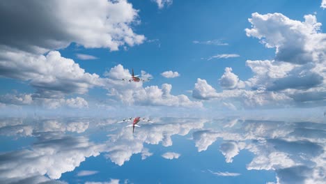 closeup view of part of wing of flying above soft white fluffy clouds airplane as seen by passenger through porthole.