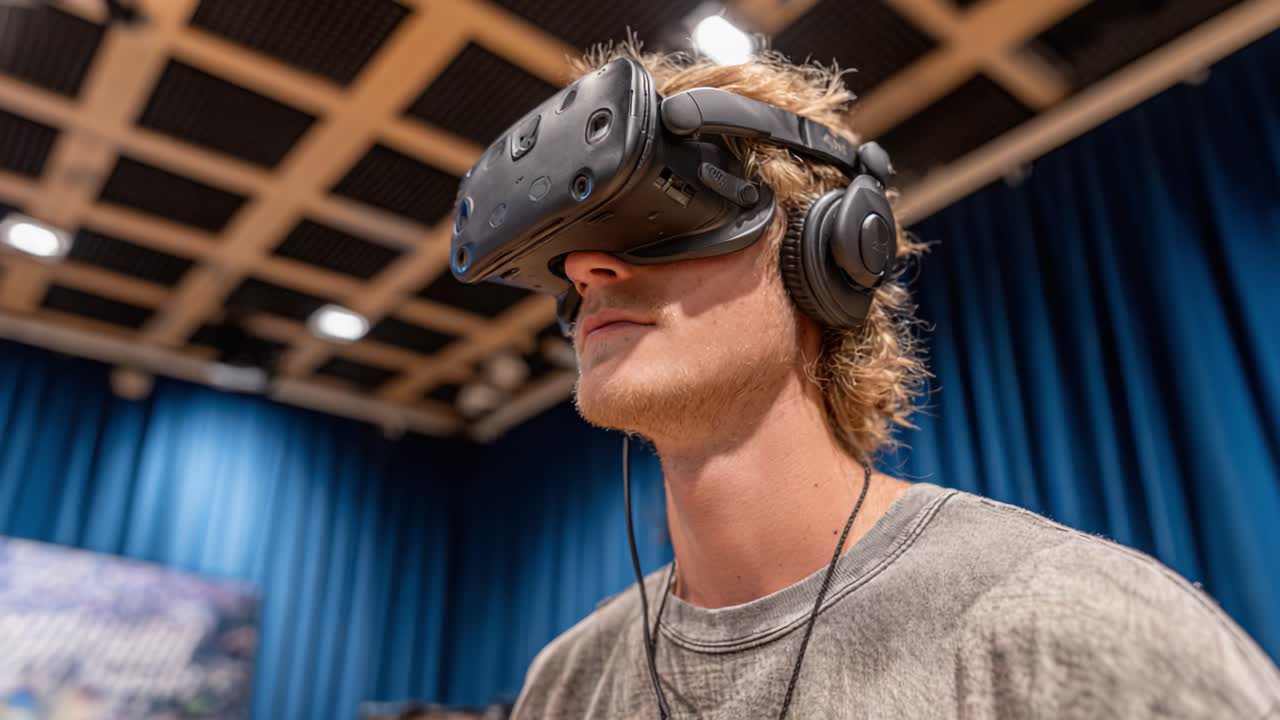 A Young Man Engaged in Virtual Reality Exploration with Headset and Headphones in a Modern Studio Environment, Demonstrating an Immersive Digital Experience
