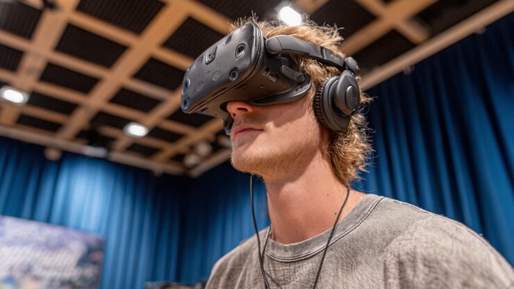 Un giovane intento a esplorare la realtà virtuale con visore e cuffie in un moderno ambiente da studio, a dimostrazione di un'esperienza digitale immersiva