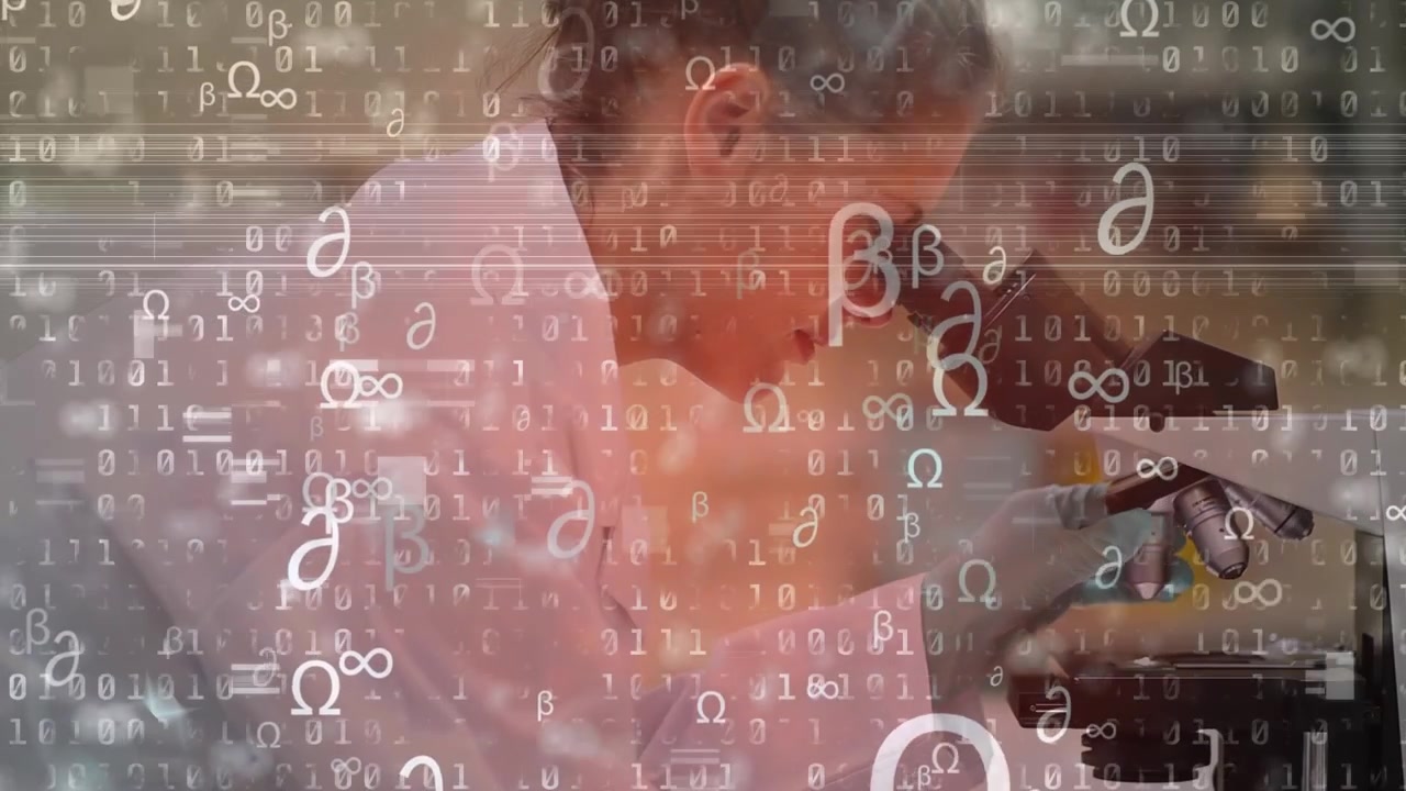 Animace rušení a matematických symbolů nad bělošskou vědkyní v laboratoři