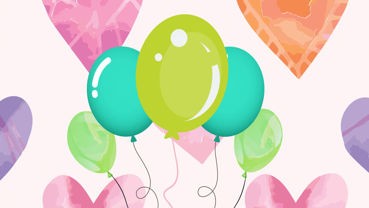 animación de globos verdes y corazones sobre un fondo rosado