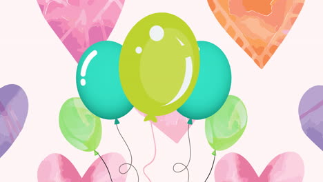 animación de globos verdes y corazones sobre un fondo rosado