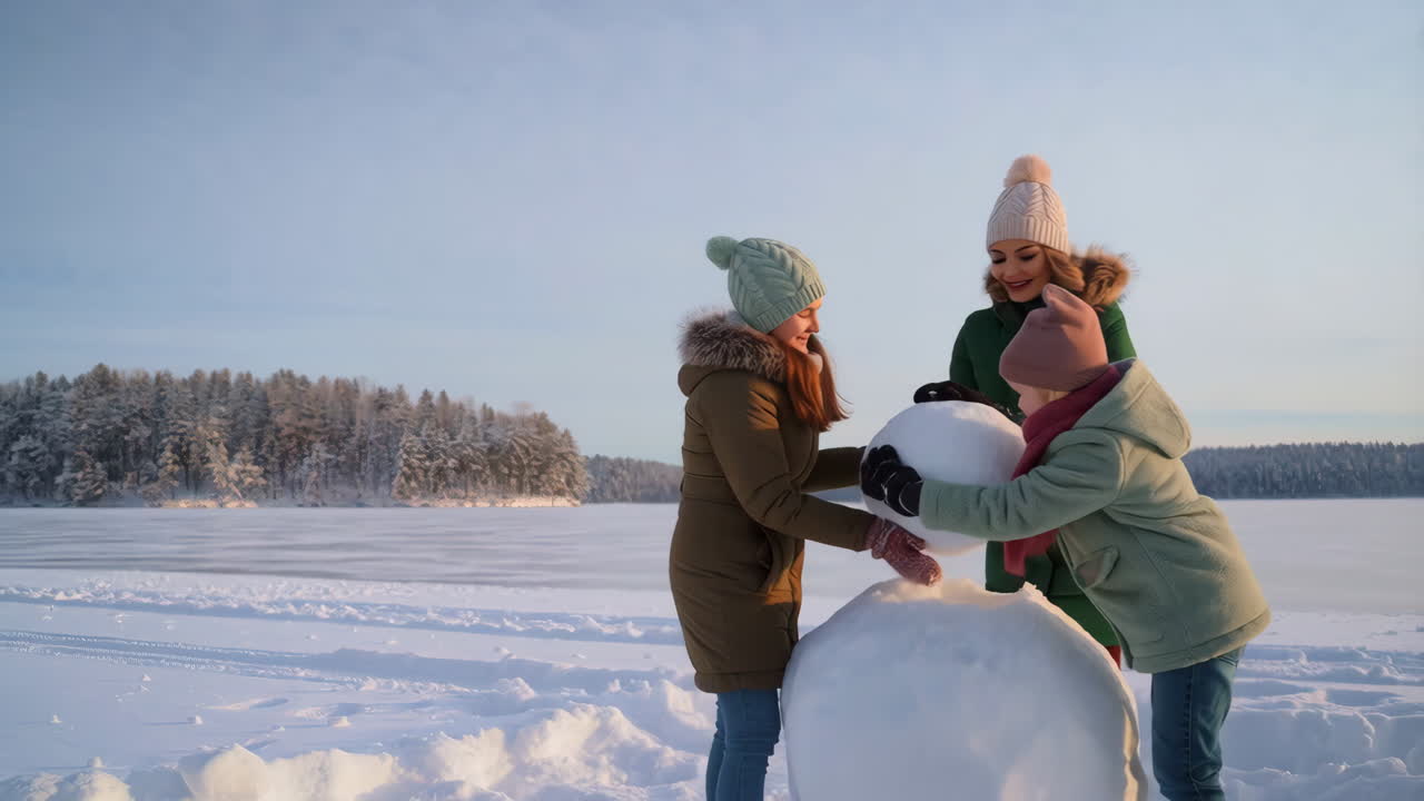 Family building a snowman in a beautiful winter landscape