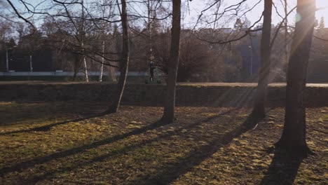 Ein-Kleiner-Junge-Fährt-Auf-Einem-Elektroroller-Durch-Einen-Sonnigen-Stadtpark