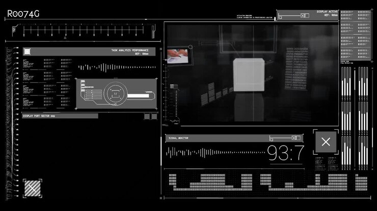 Digital interface with data processing against black background