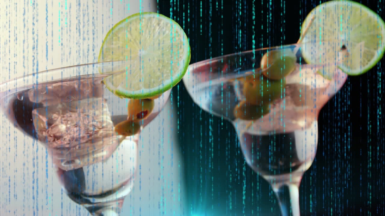 Animation of data floating over glass of martini on black background