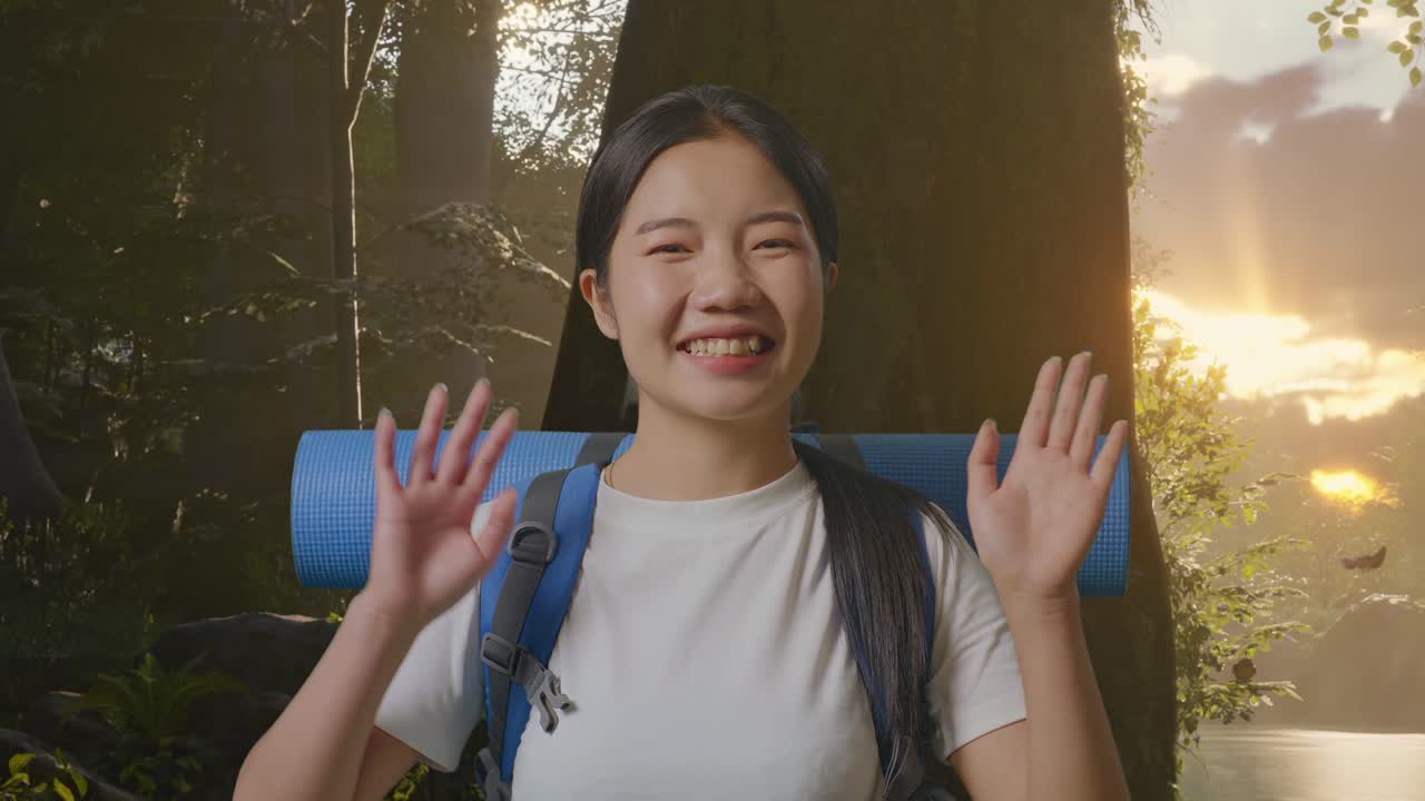 산악 배을 들고 있는 아시아 여성 하이커가 숲의 자연을 탐험하는 동안 손을 흔들고 작별 인사를 하고 있다.