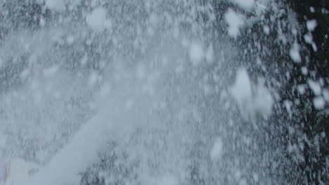 Close-up-shot-of-tree-branches-covered-with-snow-in-early-December,-hitting-the-branches-with-a-broom-to-get-right-of-the-snow