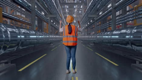 full body back view of a female engineer with safety helmet raising her hands celebrating while working with metal pipes