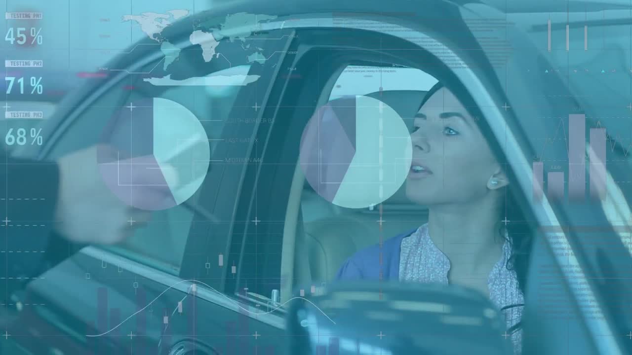 종이 파일에 글을 쓰는 백인 여성에 대한 데이터 처리와 함께 통계의 애니메이션