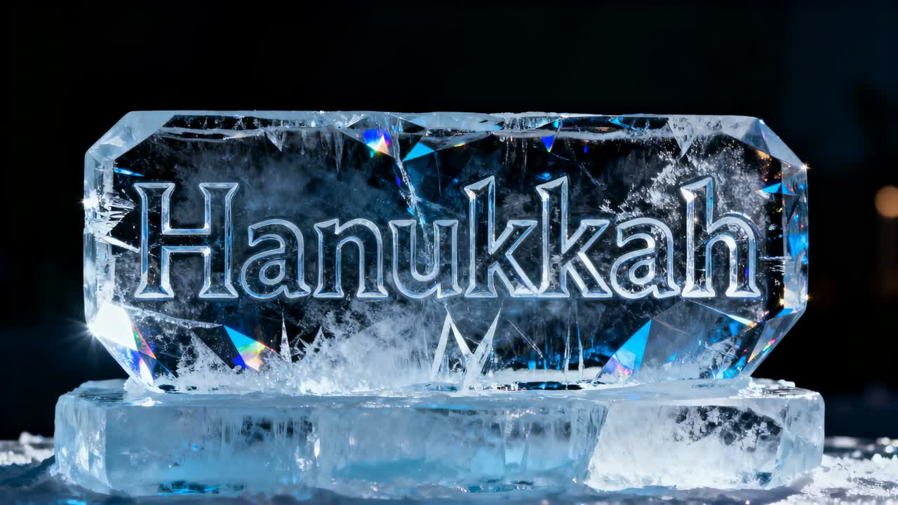 Shifting light making engraved Hanukkah ice block throwing flares showing carved letters in studio