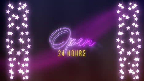 open 24 hours sign in purple and yellow neon with fairy lights