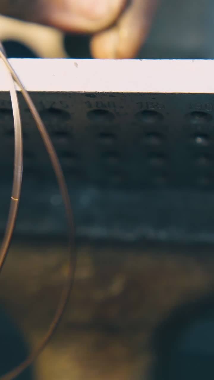 CU shot: skilled jeweler pulls gold cable through hole in tool with pliers at workplace in light workshop close upper view