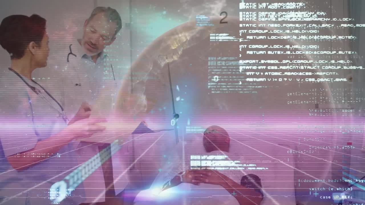 백인 남성 의사와 여성 의료 종사자가 병원에서 보고서를 논의하는 데이터 처리