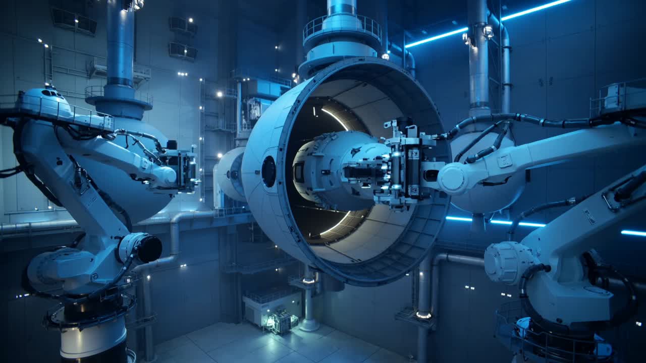 Extending shaft, robot arms aligning, guiding sphere into cylinder in assembly bay, securing module