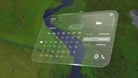 animación de la interfaz digital con el calendario sobre el paisaje con el río