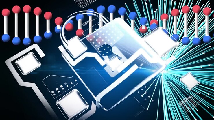 Animation of dna strand, padlock and data processing over blue lines on black background