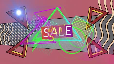 Animation-of-sale-text-on-geometric-shape-over-dots,-waves-pattern-and-triangle-on-pink-background