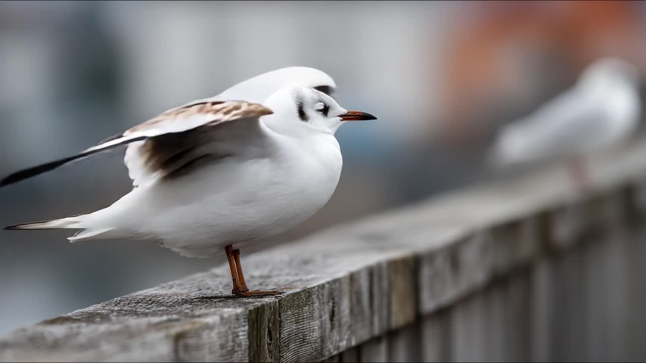 Un gabbiano accattivante che si bilancia con grazia su una ringhiera di legno con le ali spiegate, catturando l'essenza della fauna selvatica costiera in un ambiente panoramico.