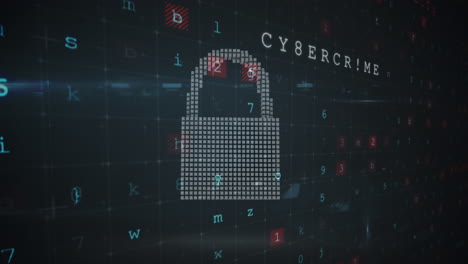 Animation of security padlock over data processing on dark background