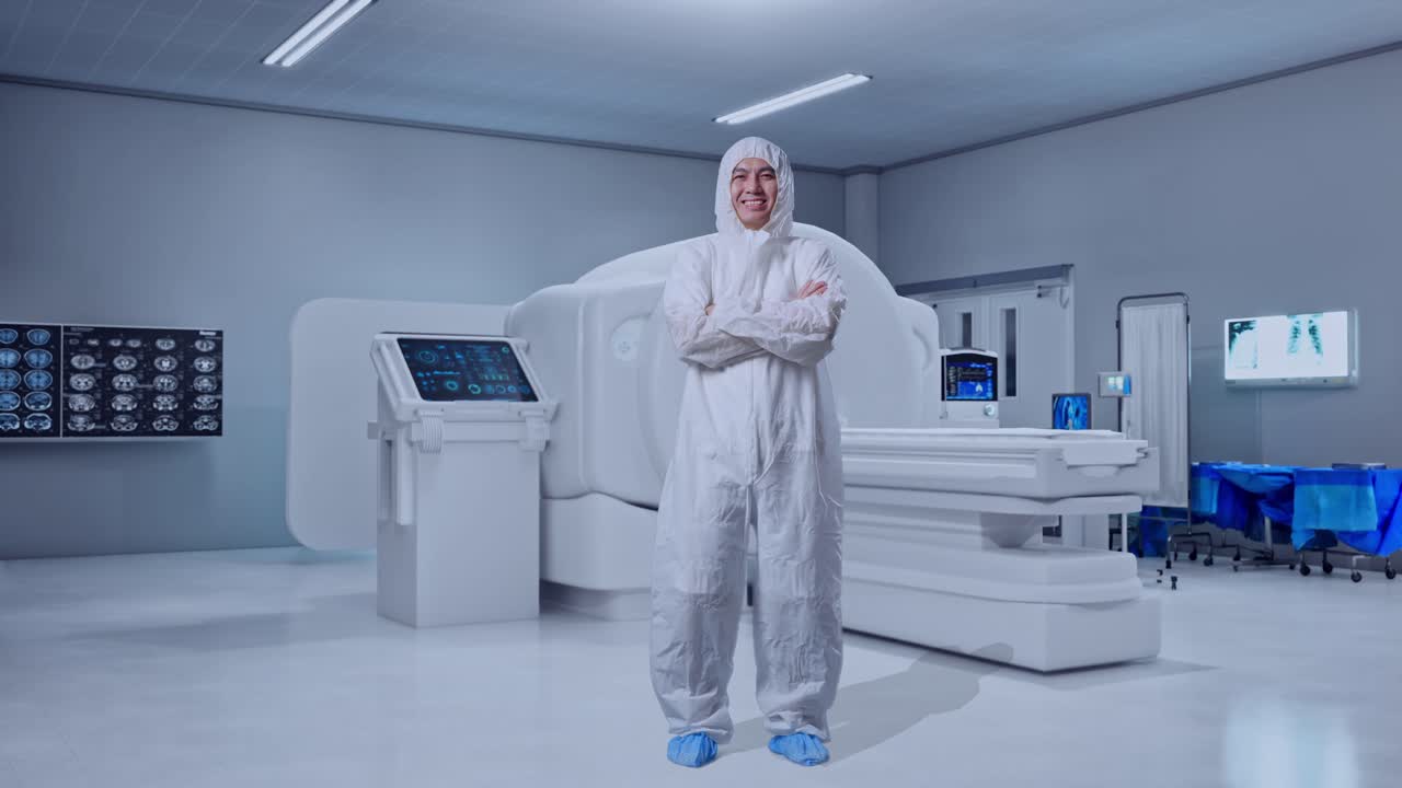 Full Body Of Asian Male Scientist Crossing His Arms And Smiling With MRI Machine In The Hospital