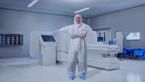 full body of asian male scientist crossing his arms and smiling with mri machine in the hospital