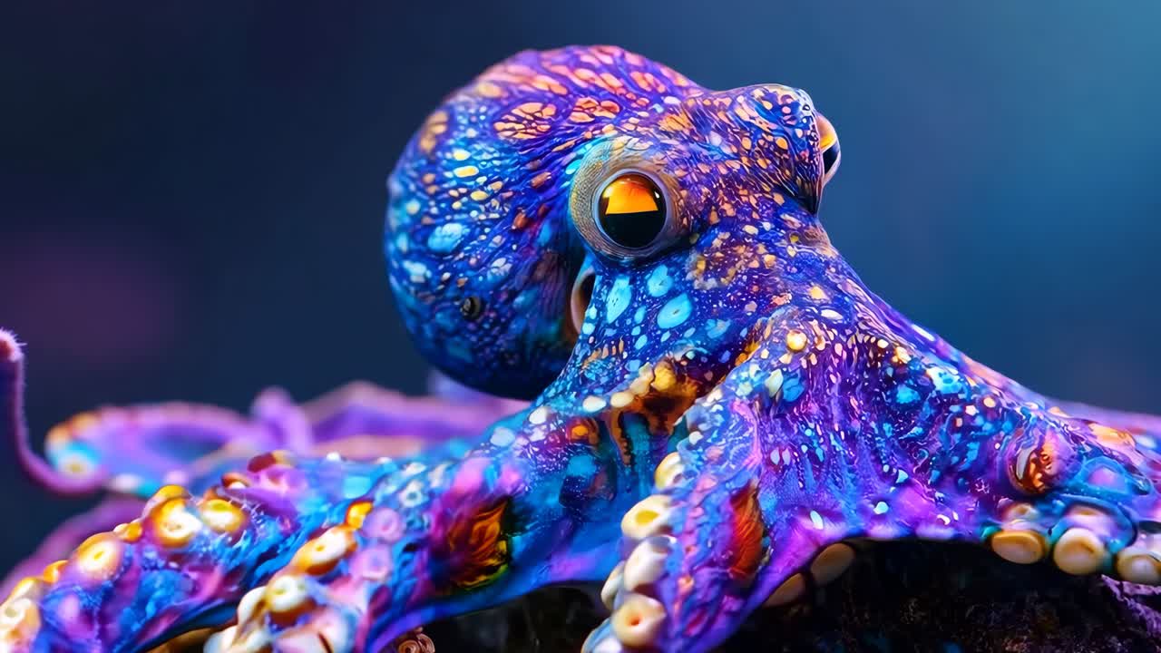 An octopus with colorful tentacles and yellow eyes