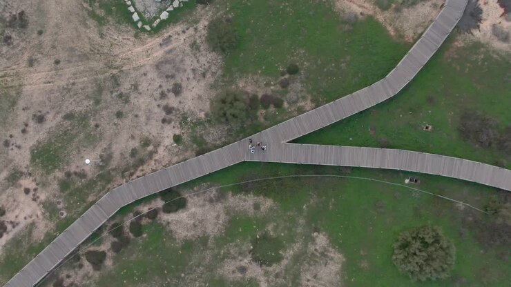 Vista aerea dall'alto di una famiglia che si gode una tranquilla passeggiata lungo un sentiero di legno con un incrocio