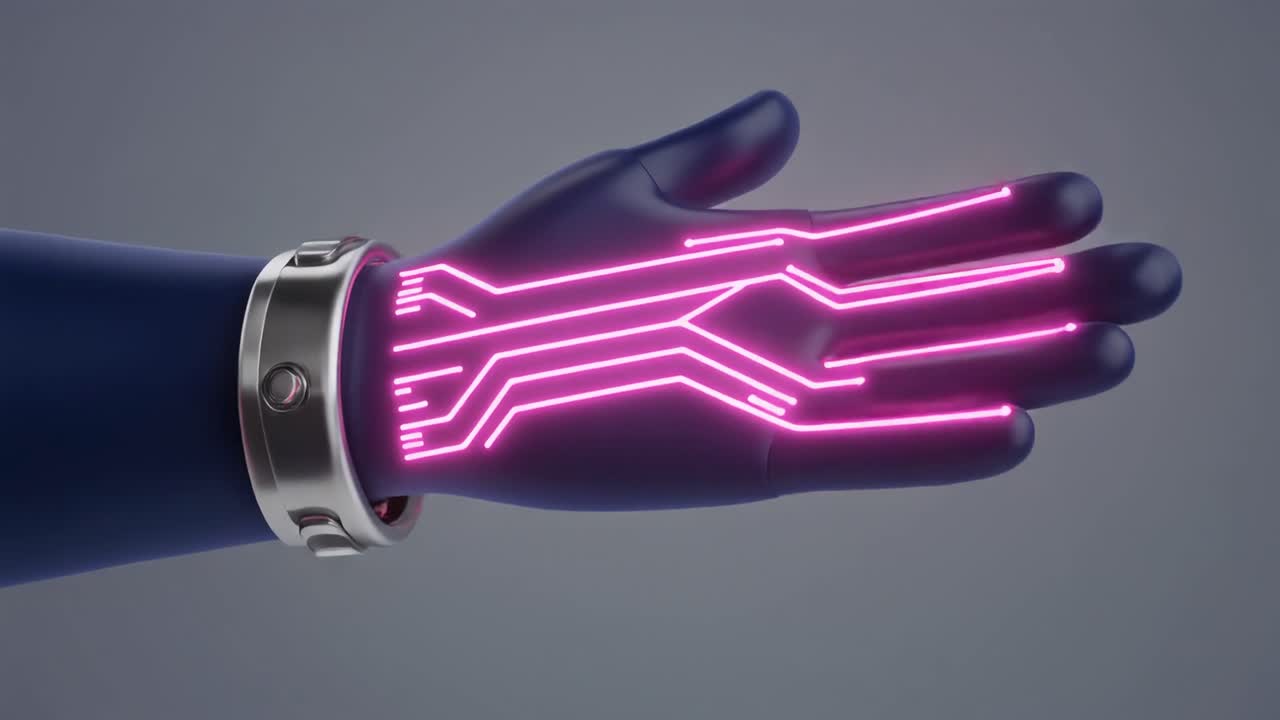 Mano futuristica con animazione di circuito rosa luminoso