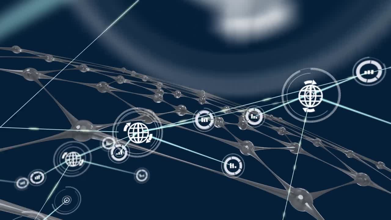 검은색 배경에 아이콘을 가진 연결 네트워크의 애니메이션