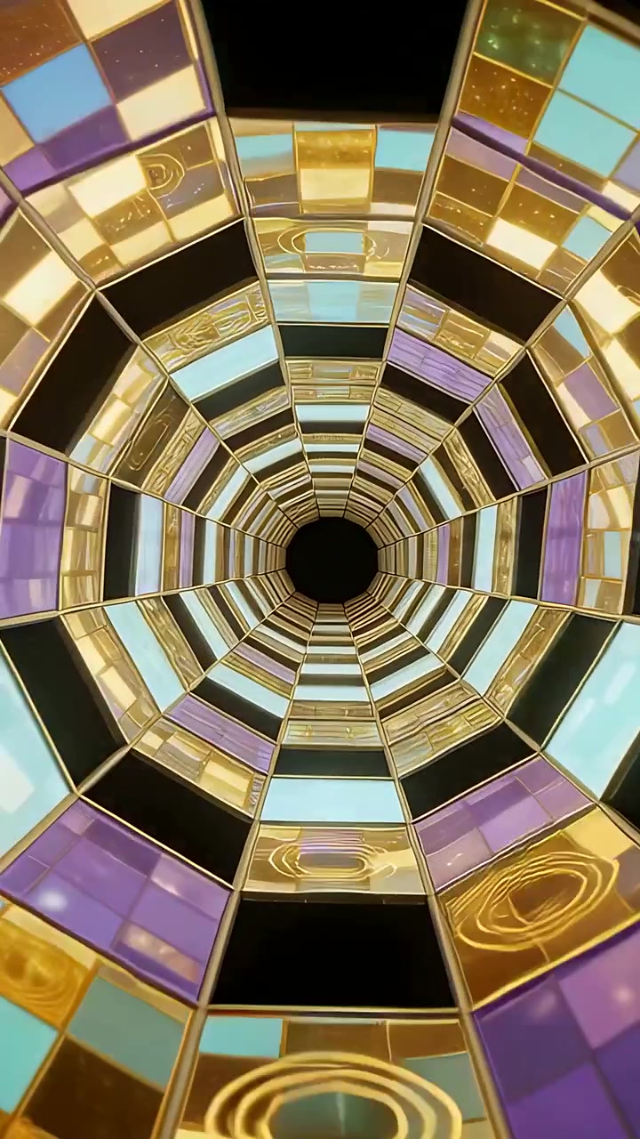 Video vertical: Túnel de baldosas que comienza a girar hacia adentro en CGI, mostrando un vacío y paneles dorados en bucle.