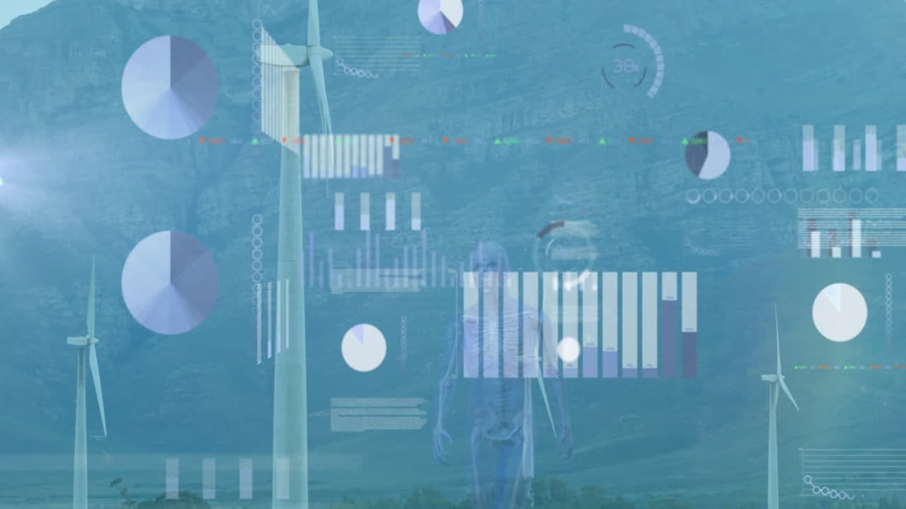 풍력 터빈과 산에 대한 데이터 처리 및 다이어그램의 애니메이션