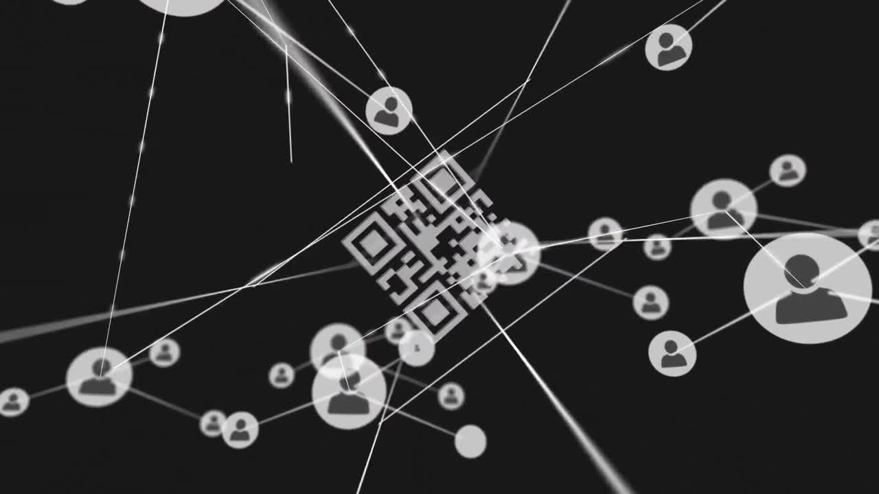 animación del código qr a través de una red de conexión con círculos e iconos sociales