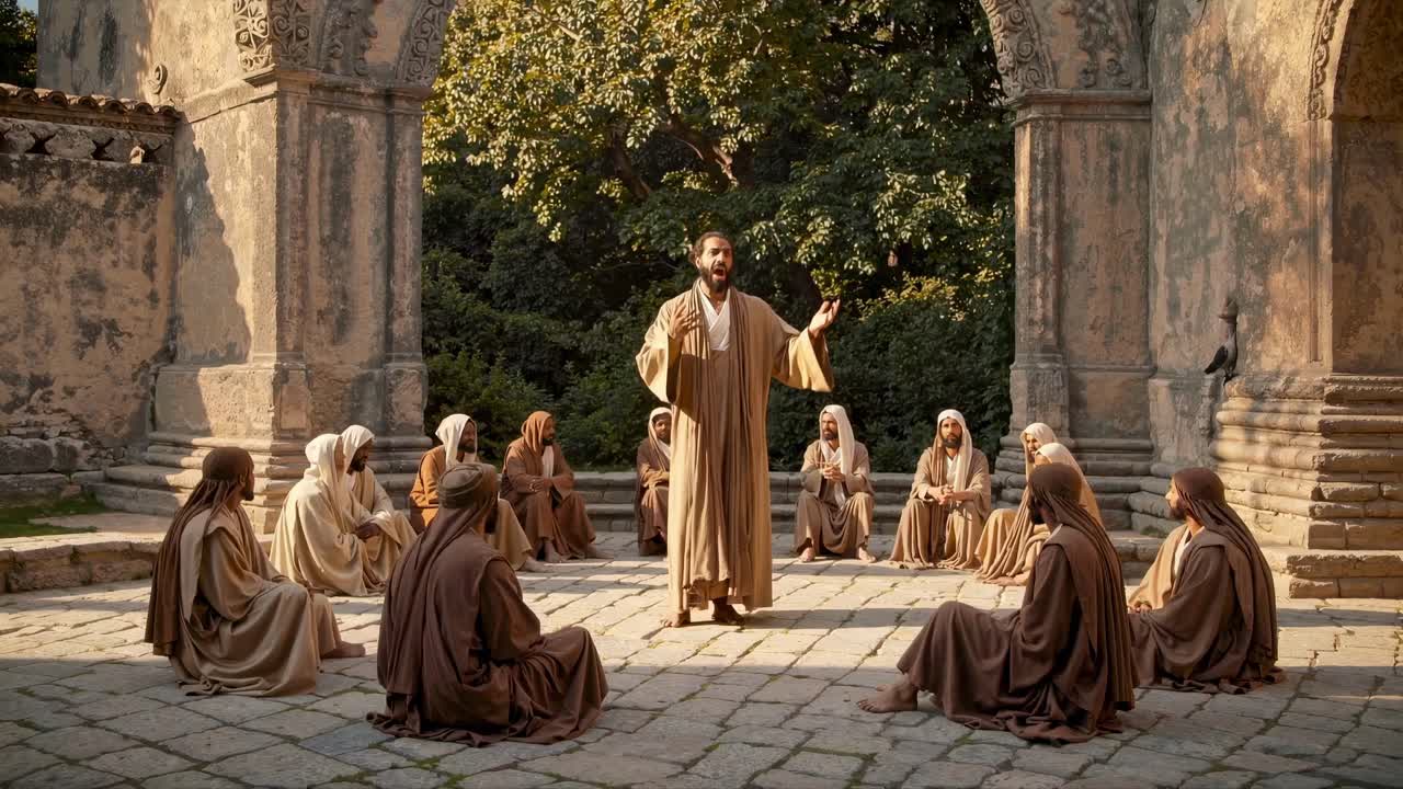 A serene, soft-focus video scene depicts a bearded man in robes teaching a group
