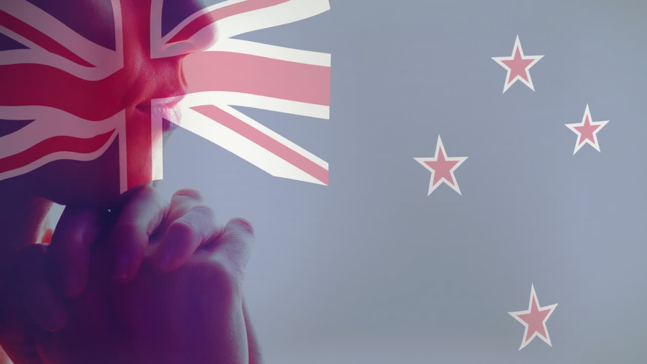Overlaying animation of Union Jack on thoughtful person with New Zealand flag behind