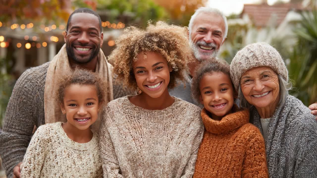 Um encontro caloroso e alegre de uma família multigeracional, exibindo sorrisos e amor em meio a cores de outono e luzes festivas, celebrando a união e a conexão.