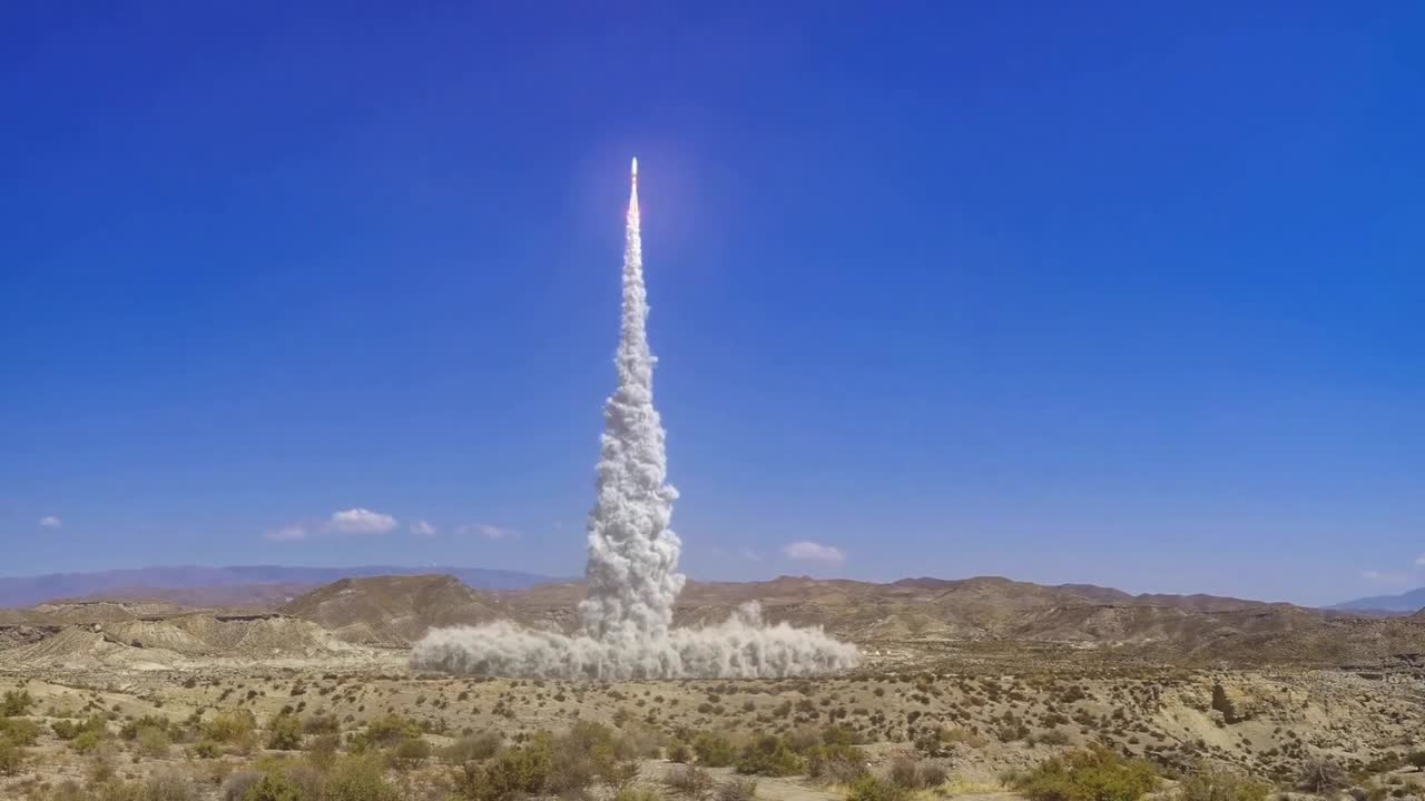 A powerful space launch vehicle ascending rapidly into the clear blue sky above a rugged arid desert landscape