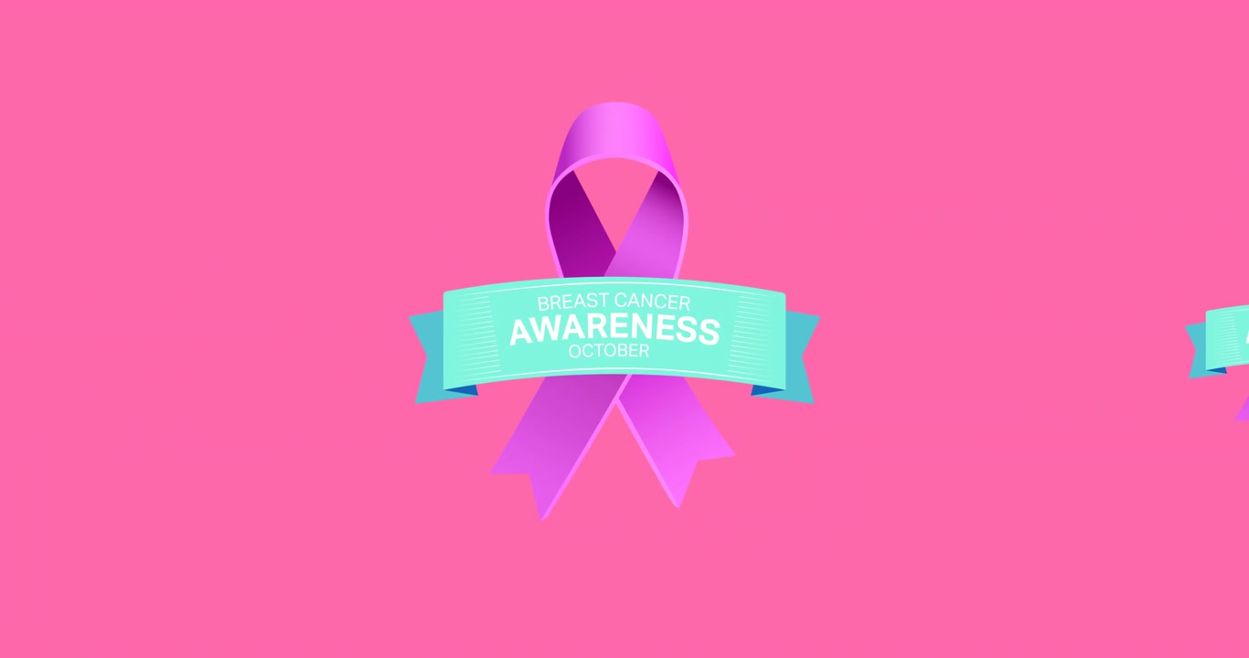 Animazione di più loghi del nastro rosa e del testo sul cancro che appaiono su sfondo rosa