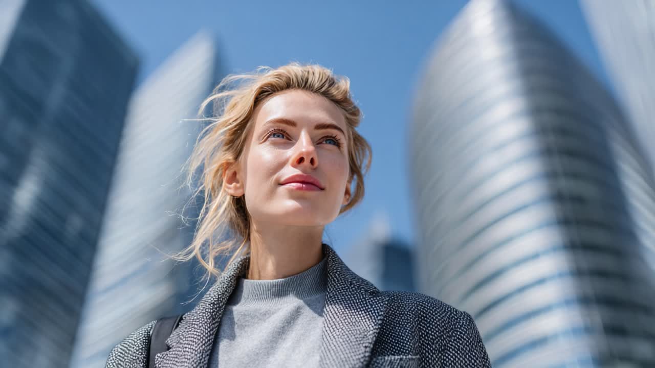 A Confident Young Woman Stands Against a Modern Urban Skyline, Embracing the Bright Daylight with an Air of Determination and Self-Assurance in the City Environment