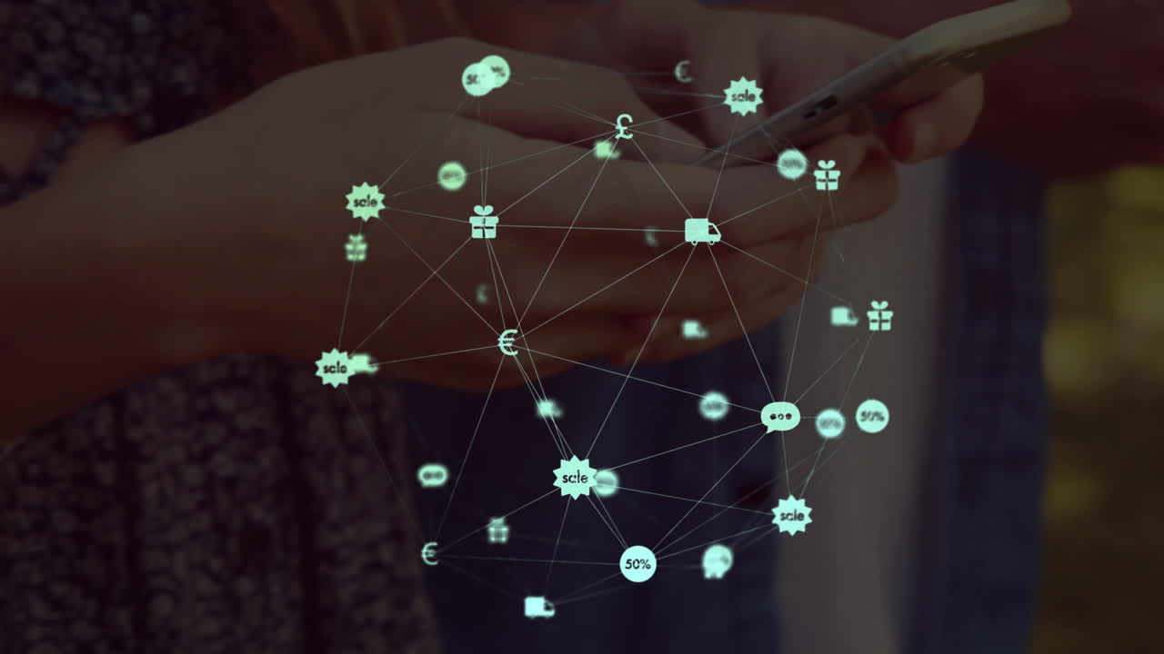 animación de la red de conexiones con iconos sobre diversas personas que utilizan dispositivos electrónicos.