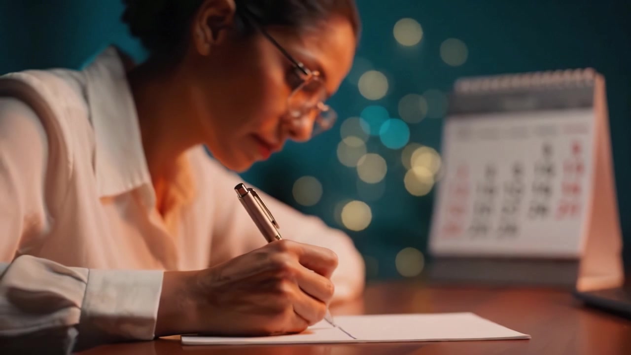 Focused Writing: A Thoughtful Moment of Creativity Captured Between Two Frames, Highlighting the Art of Writing and the Peaceful Atmosphere of a Cozy Workspace