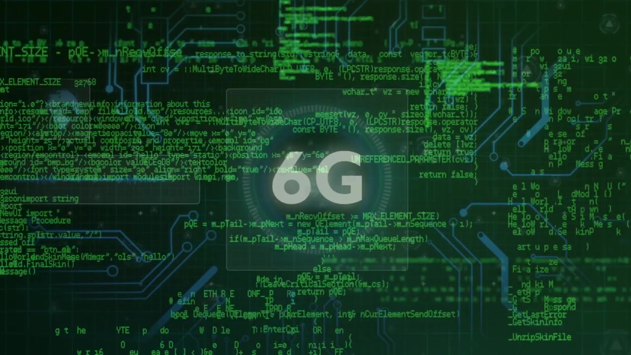 6g text and microprocessor connections against data processing on green background