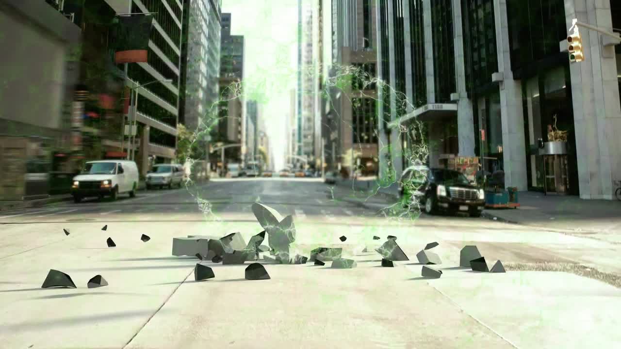 유로 기호와 도시 풍경을 무너뜨리는 인간의 두뇌의 애니메이션