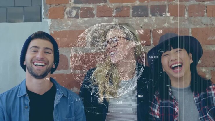 Animation of globe and data processing over happy diverse business people in office